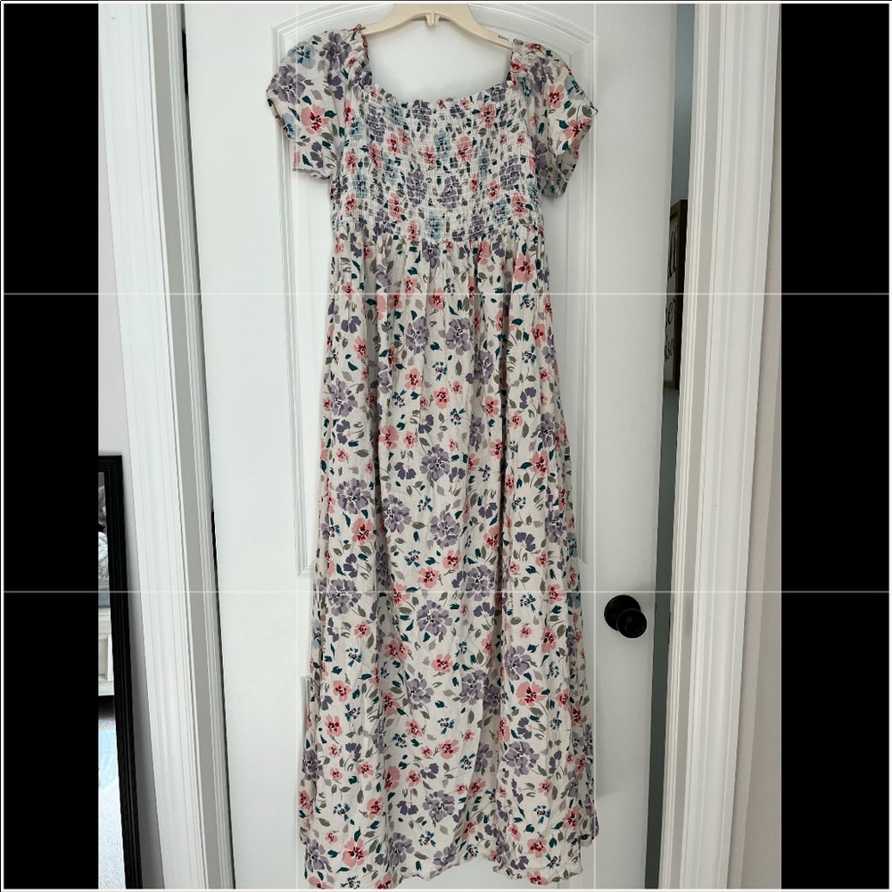 Pink blush ivory floral smocked off the shoulder maternity maxi dress